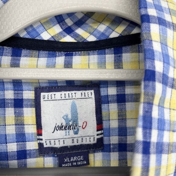 JOHNNIE-O Linen Button Down Shirt XL West Coast Prep Nautical Blue Plaid - Picture 3 of 10